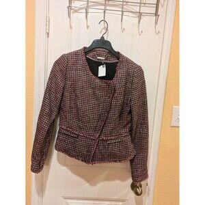 White House Black Market Metallic Tweed Zip Moto Jacket Red Fringe Size 6